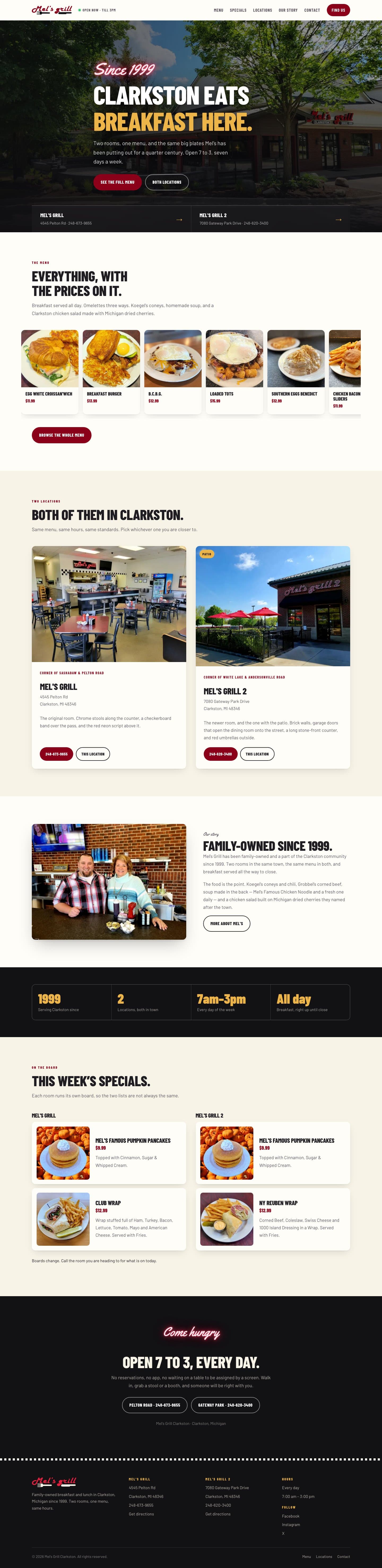 A scrolling preview of the Mel’s Grill website, from its diner photography through the menus and locations